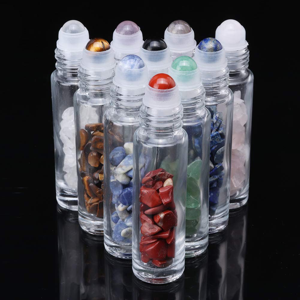 Clear Glass Roller Bottles,10 Pack 10Ml 0.33Fl Oz Gemstone Roller Ball For Essential Oils,Natural Crystal Stones Roller Balls Wi