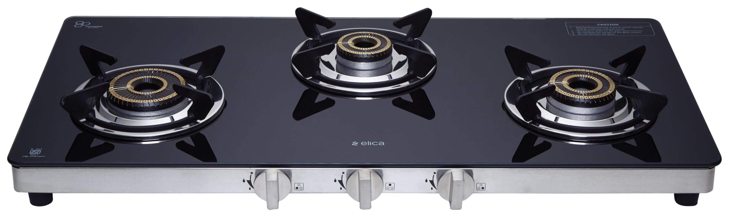Elica 77Cm 3 Burner Gas Stove | Sapphire 773 Ct Vetro (Dt Series) | Double Drip Tray | Toughened Glass Top | High Efficiency Ver