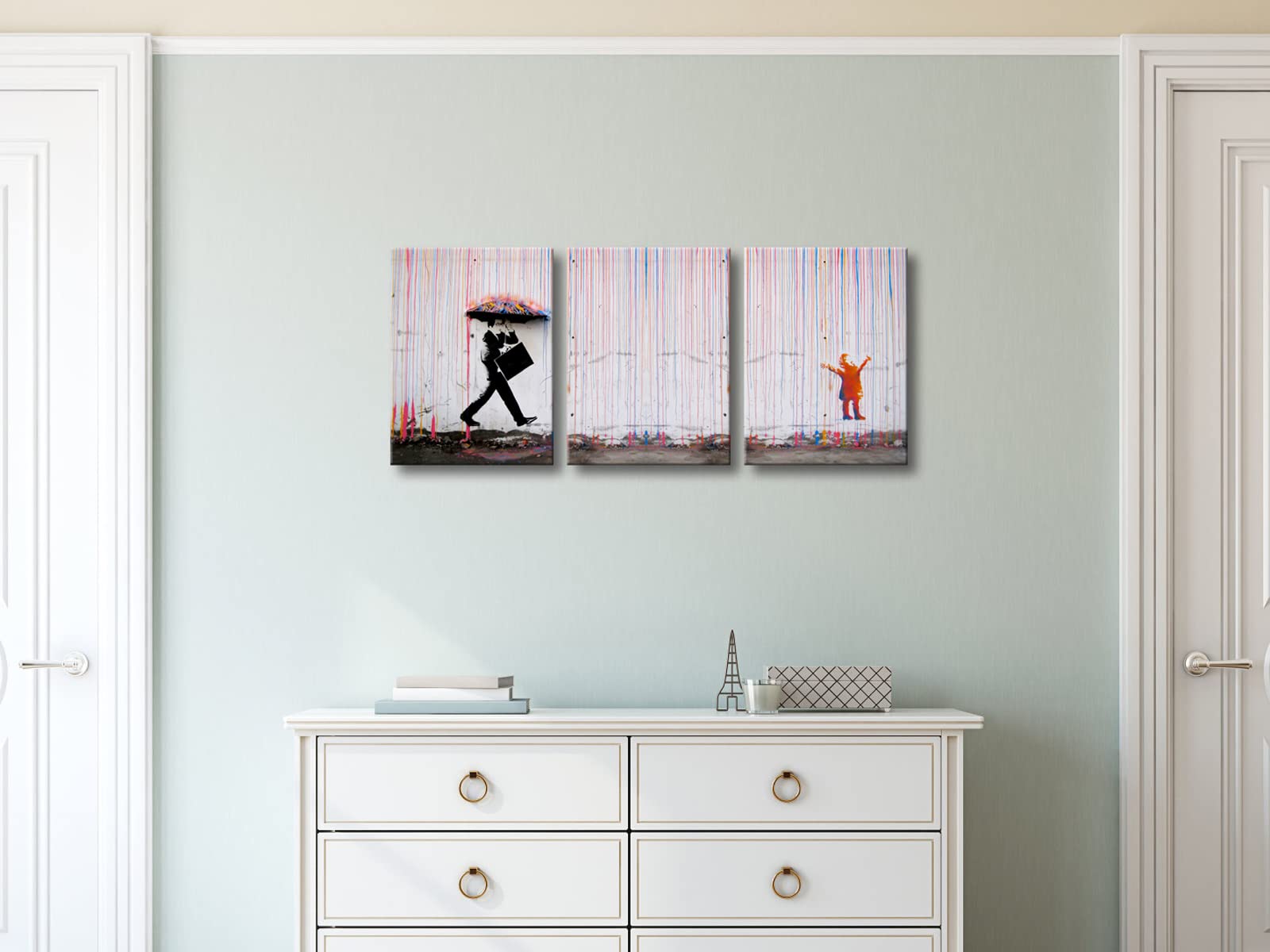 Wieco Art 3 Piece Banksy Famous Canvas Paintings Wall Art Raining Day Modern Inspirational Grey Love Pictures Print Artwork For