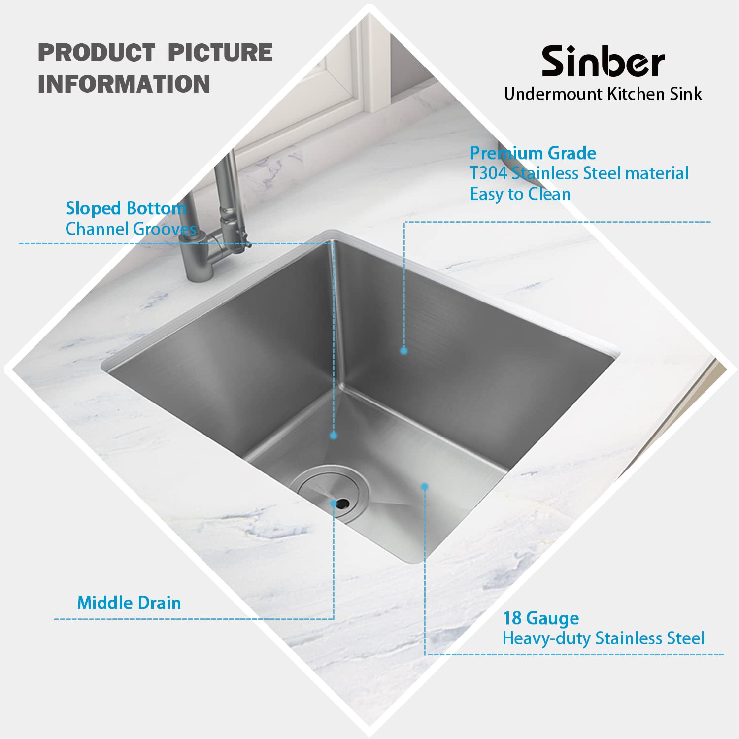 Sinber 16'' X 18'' X 8'' Undermount Single Bowl Kitchen Sink With 18 Gauge 304 Stainless Steel Satin Finish Hu1517S-S (Sink Only