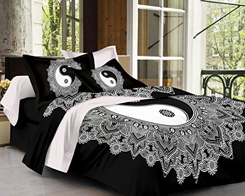 Sheetkart Yinyang Printed Traditional 144 Tc Cotton Double Bedsheet With 2 Pillow Covers  Superior Black