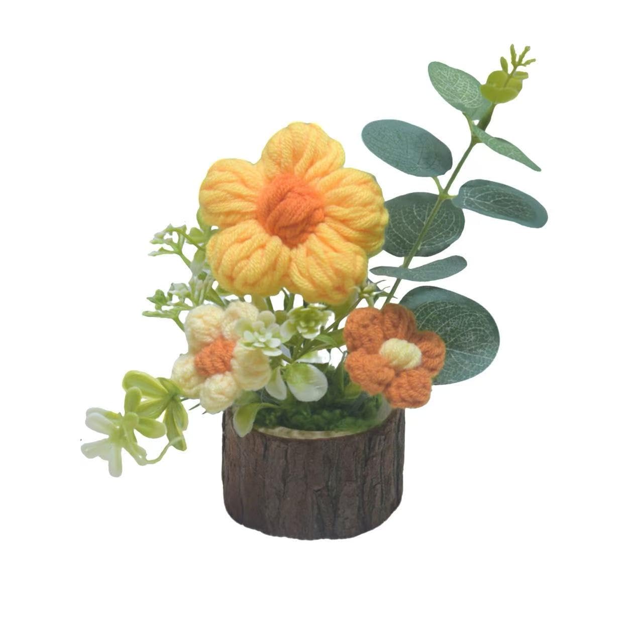 Tileafry Handmade Crochet Puff Flowers Bouquet Creative Knitted Potted Plant Cute Home Desktop Decorations and Gifts for Friends
