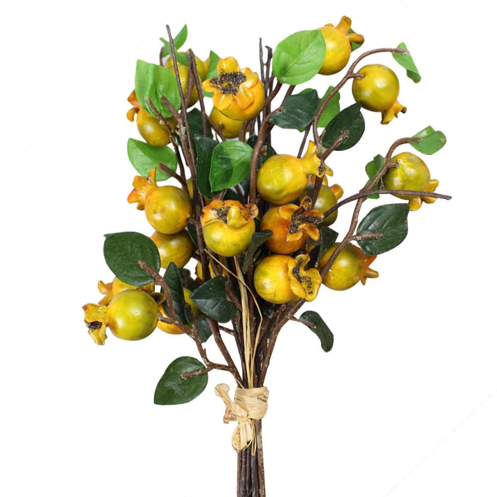 Group of 5 Artificial Yellow Rosehip Berries and Pomegranate Fruit Stems for DIY Floral Arrangements, Farmhouse Christmas Decor,