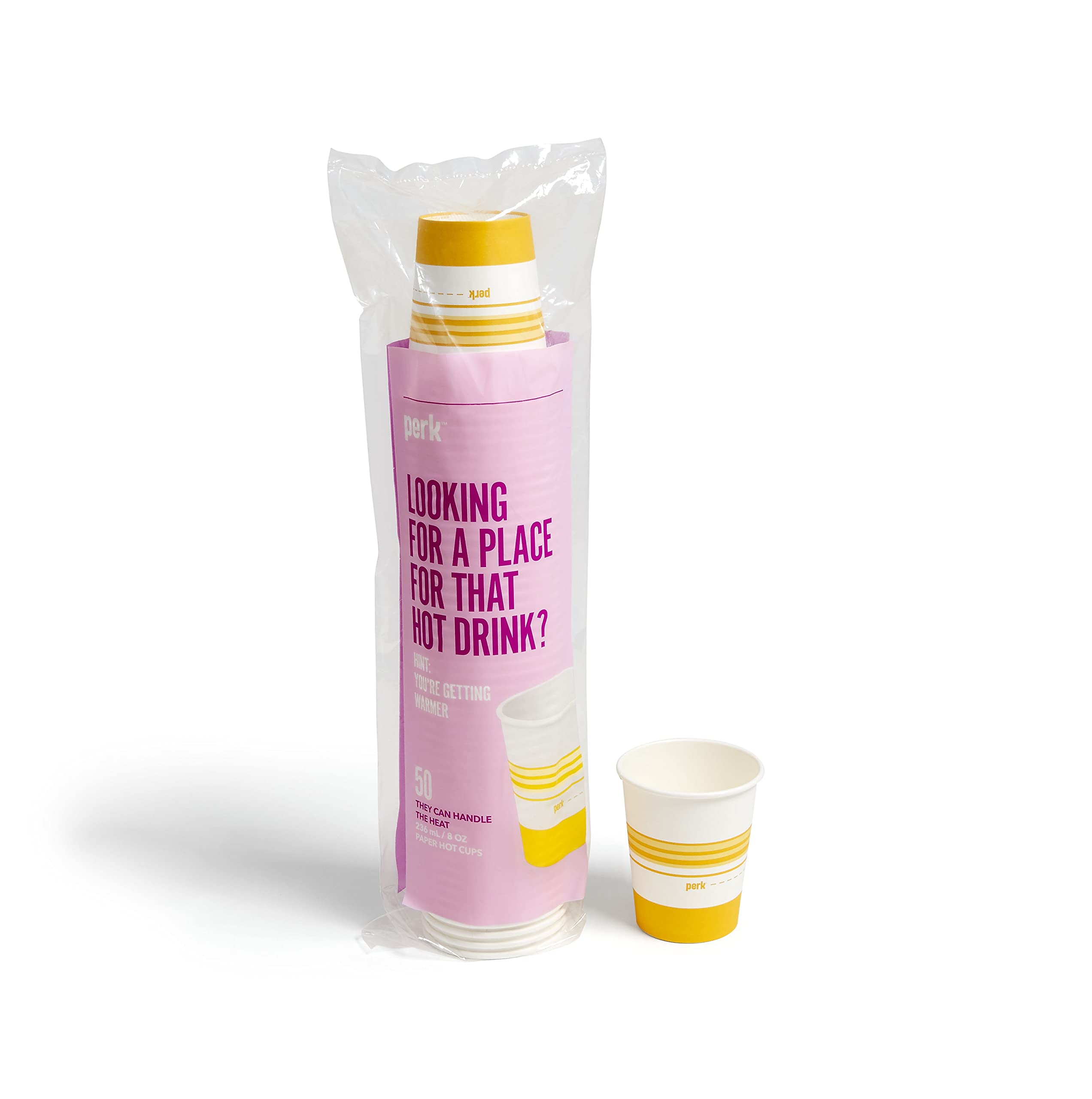 Perk Paper Hot Cups, 8 oz White/Yellow, Disposable Coffee Cups for Office Breakroom & Events