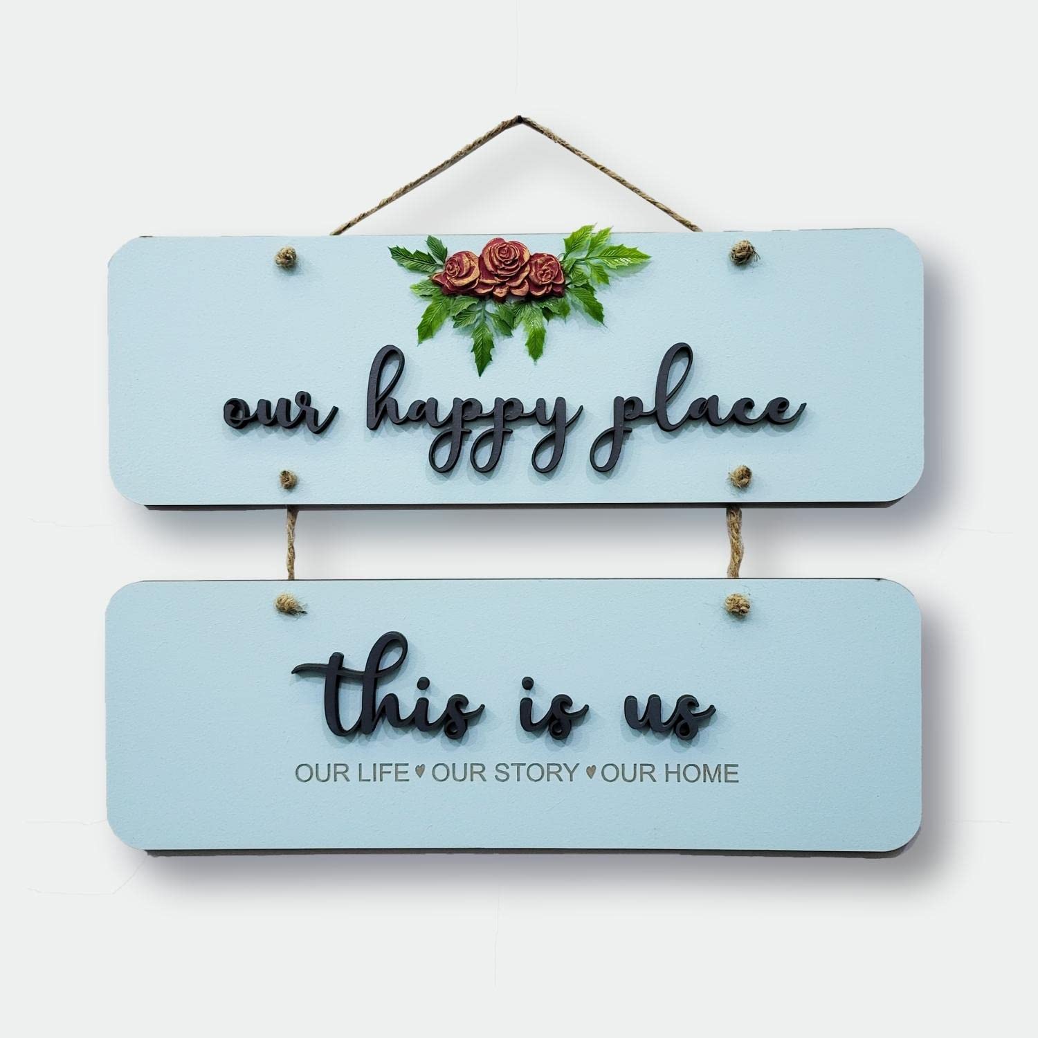 Chalk My Theme Our Happy Place Wooden Wall Hanging Hanger For Living Room, Bedroom, Gift, And Entrance-Blue