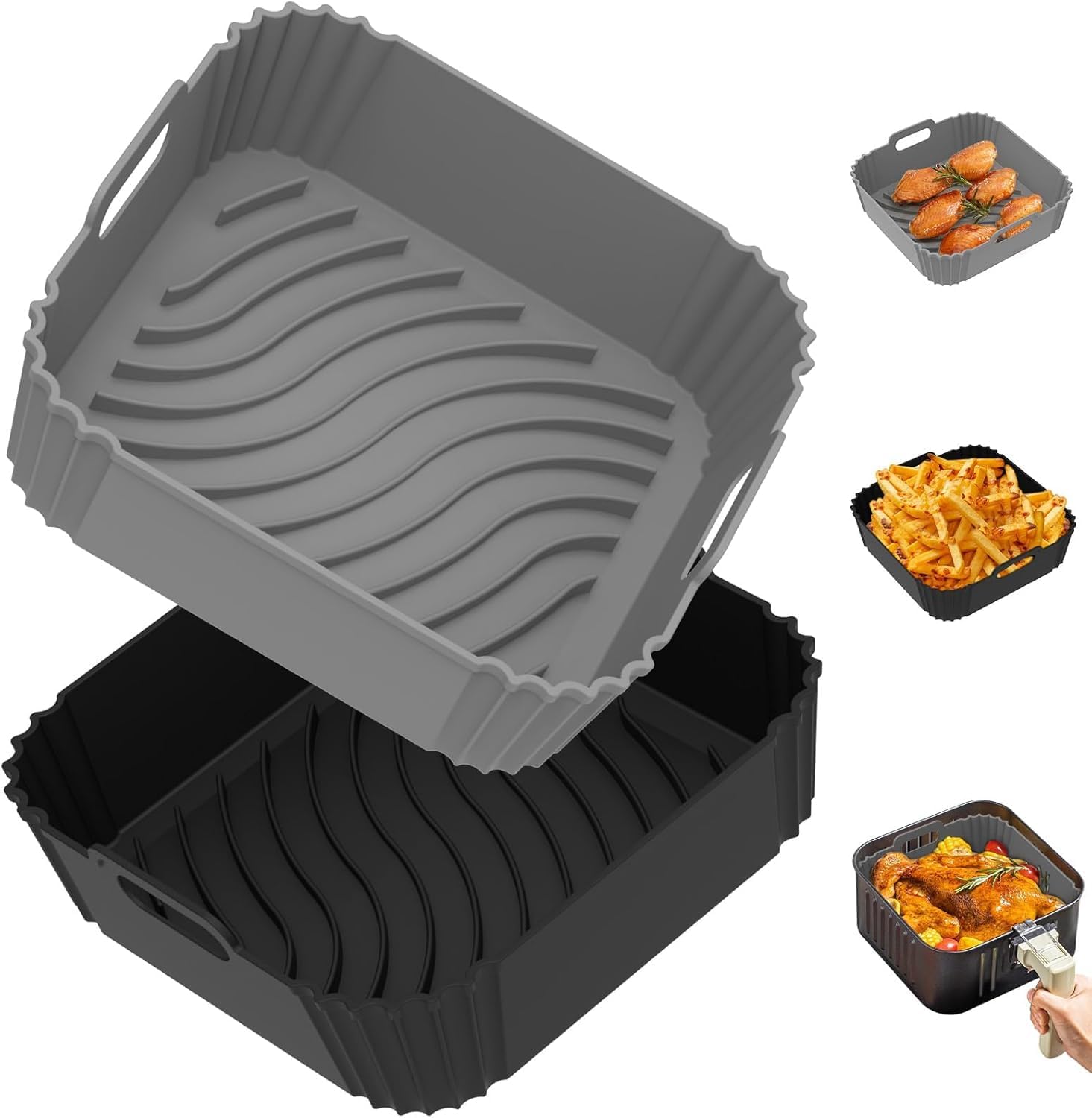 Gidgidl 2-Piece Silicone Air Fryer Liners - 8-Inch Reusable Liner - Red + Blue (Black)