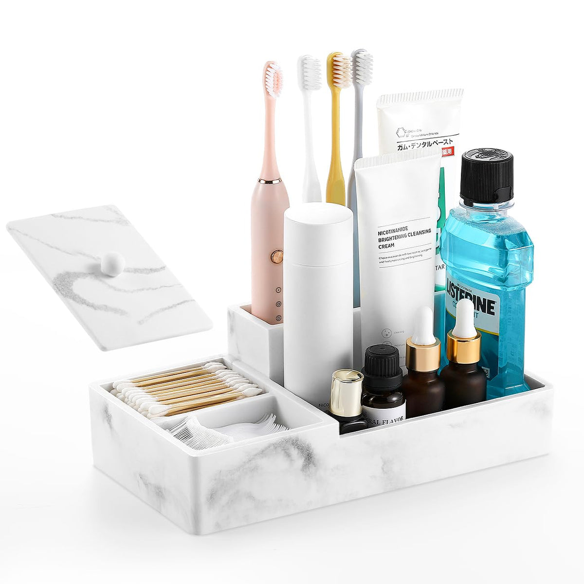 Luxspire Bathroom Counter Organizer, Marble Toothbrush Holder For Bathroom 6 Slot, Bathroom Vanity Organizer With Lid, Bathroom