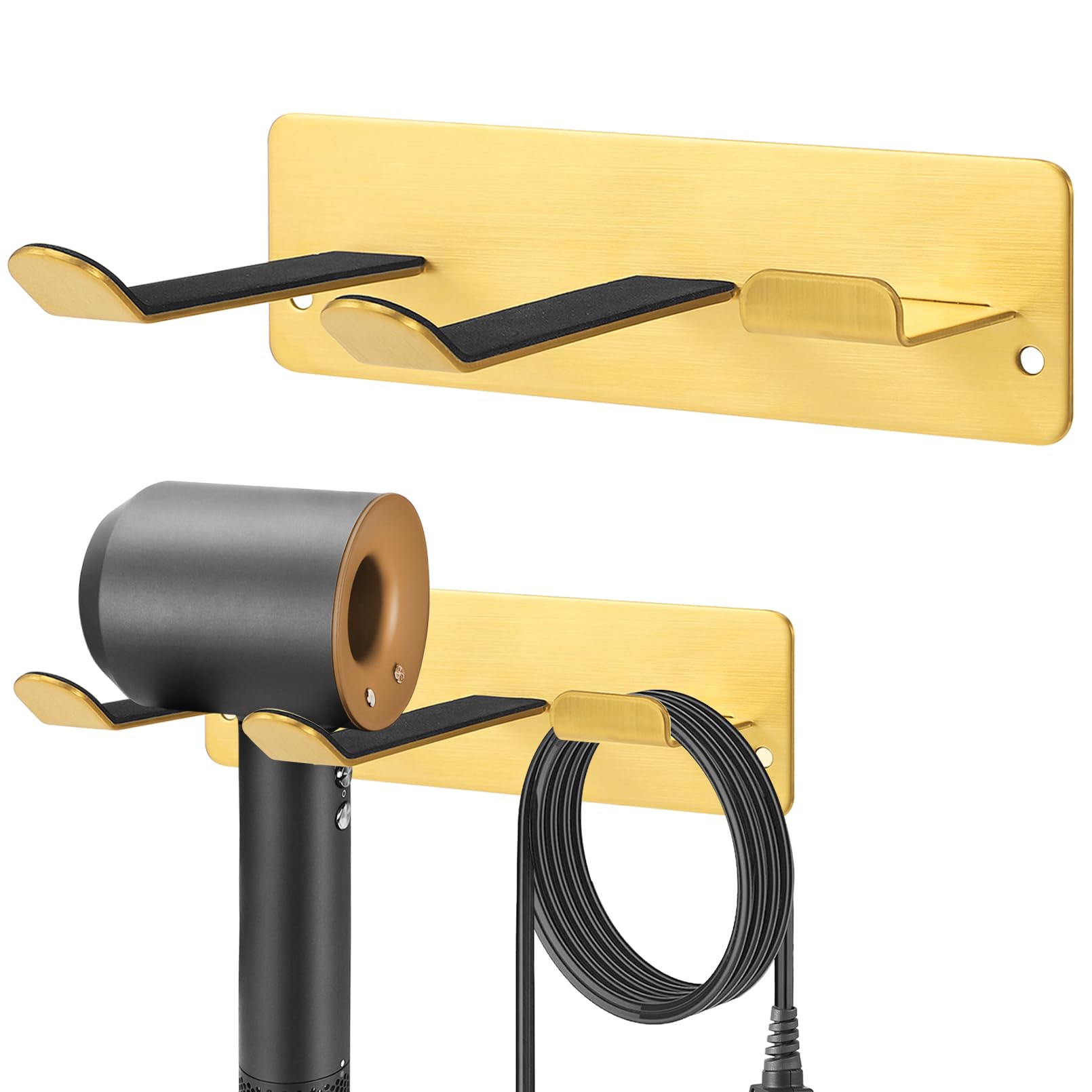 YOUGRIDDA Hair Dryer Holder  Wall Mounted Rack Compatible with All Hair Dryer  Space Organizer for Bathroom/Bedroom/Washroom/Barbershop  304 Stainless Steel  3M Self Adhesive (Golden)