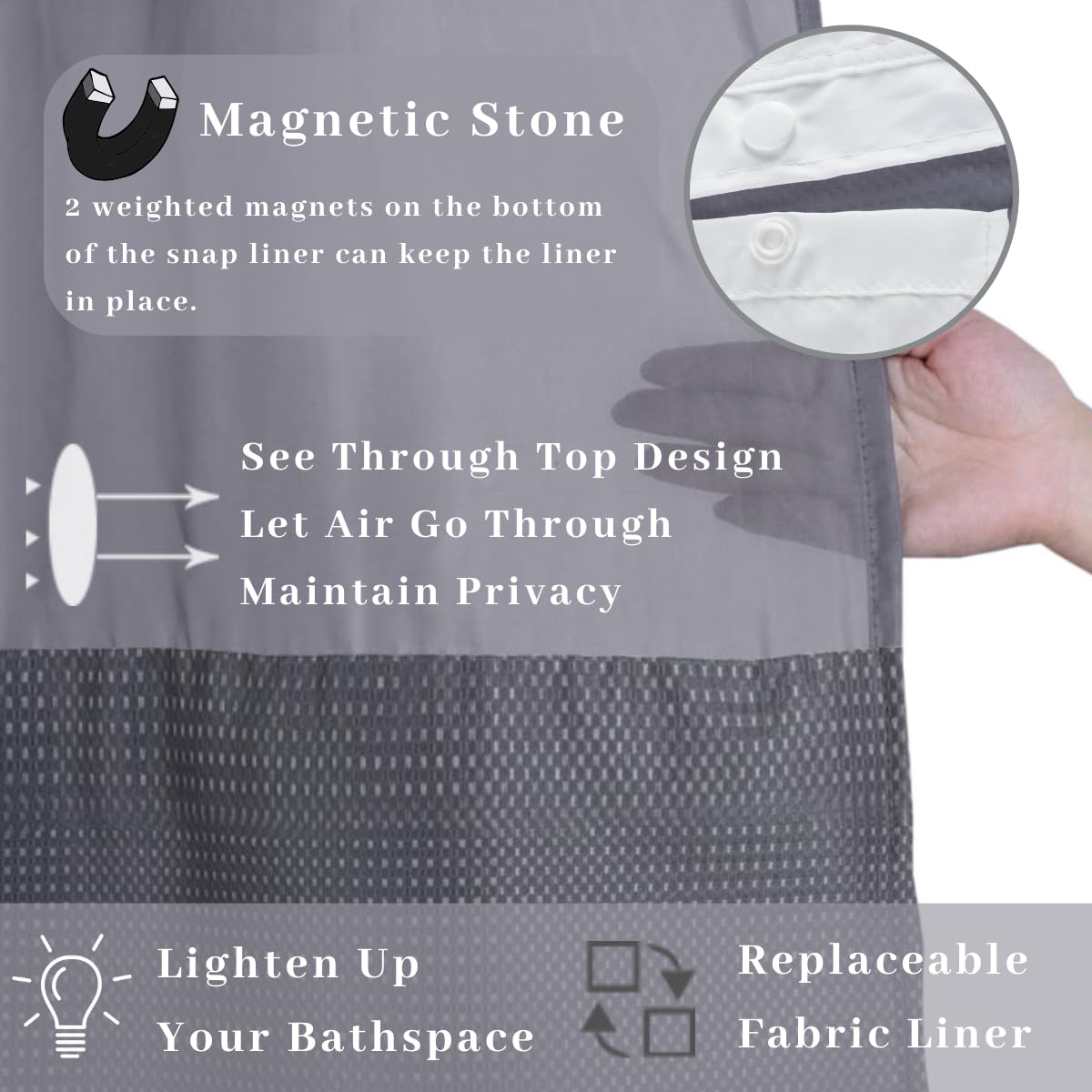 Ecoehoe Extra Long 71X79 Gray Waffle Fabric Hook Free Shower Curtain With Removable Polyester Liner-Heavy Weight
