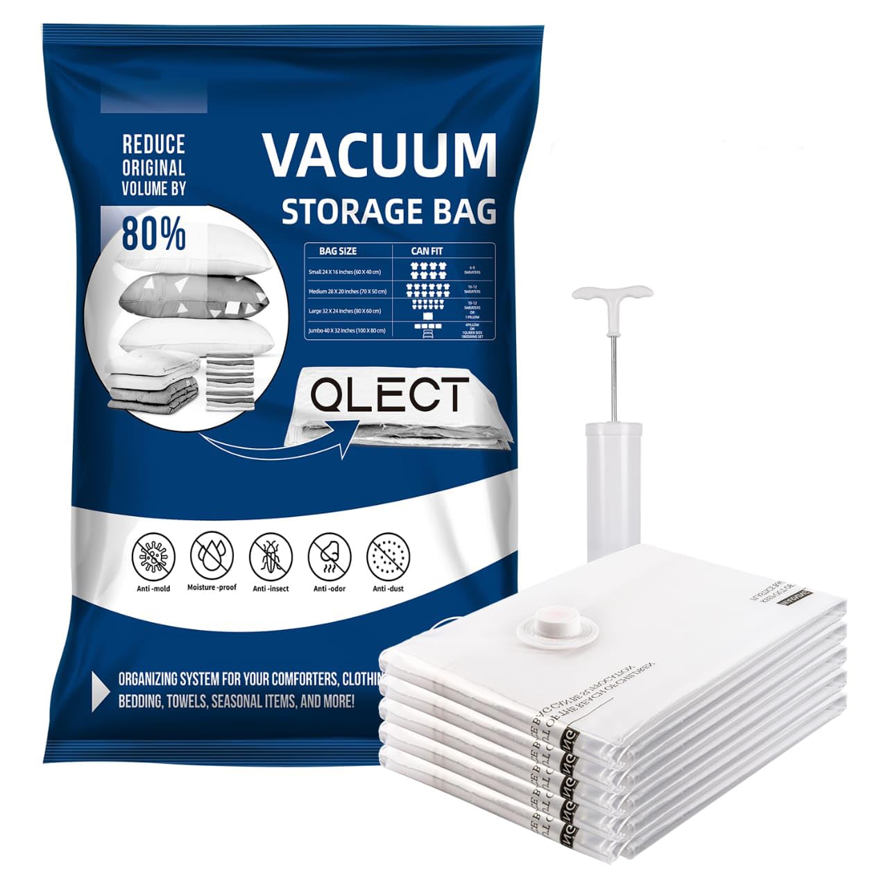 Qlect Polypropylene Reusable Ziplock Vacuum Storage Space Saver Bags For Clothes With Travel Hand PumpPack Of 5,White