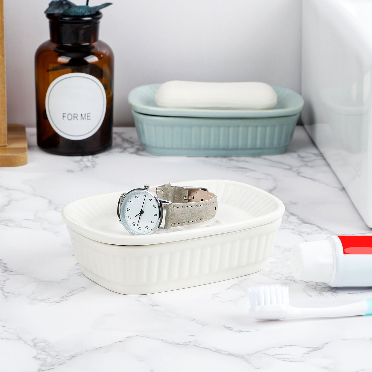Vanenjoy White Ceramic Soap Dish, Self Draining Soap Dish For Kitchen Sink, Decorative Bathroom Soap Dish, Kitchen Sponge And So