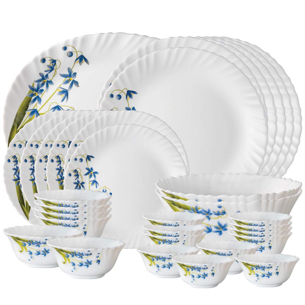 Larah By Borosil Fluted Series Lavender Opalware Dinner Set,33 Piece For Family Of 6,Microwave & Dishwasher Safe,Bone-Ash Free,C
