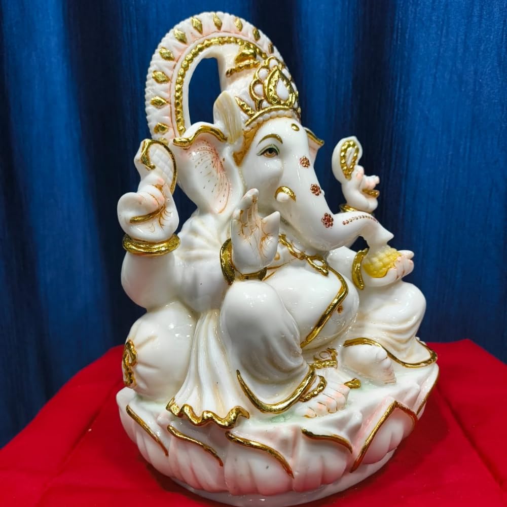 Om Fine Arts. Lord Ganesha Statue, White And Gold, 30.5 Cm Decorative Marble Finish Idol On Lotus Base, Ganesh Ji Marble Dust Mu