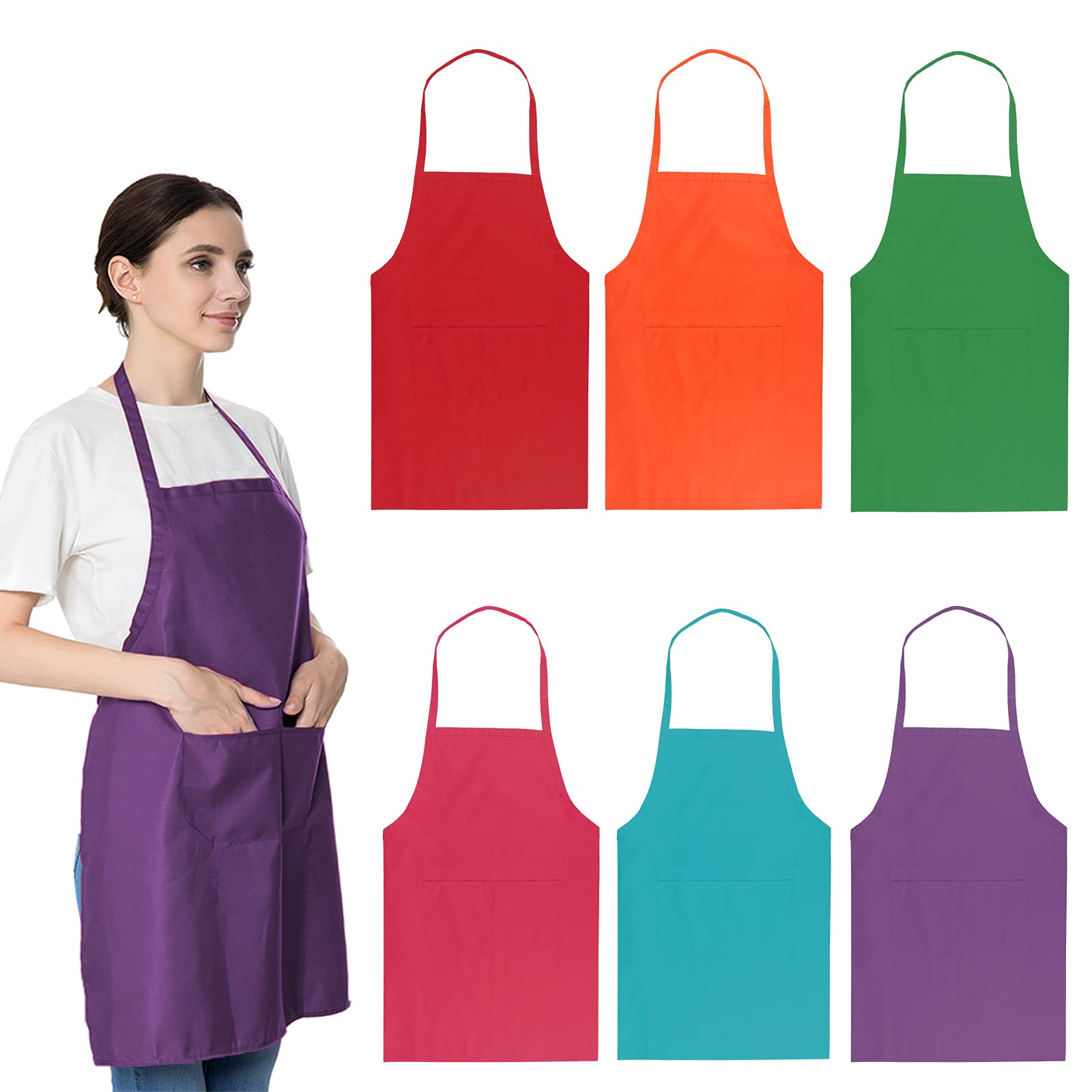 Loyhuang 6 Pcs Plain Bib Aprons For Women Men Bulk,Multicolor Apron With 2 Pockets For Painting Crafting Baking Cooking Kitchen.