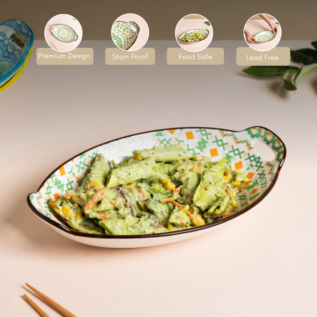 Nestasia Green Criss-Cross Ceramic Long Dish with Handles for Serving Snacks, Appetizers, Salads, and Noodles| Microwave Safe, D