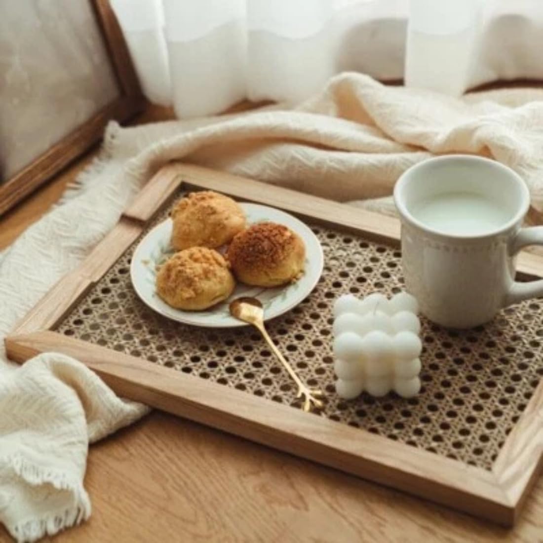 Craftware Rectangle Rattan Serving Tray/Vanity Tray,Serving Tray With Handles For Breakfast, Drinks, Snack For Coffee Table (Nat