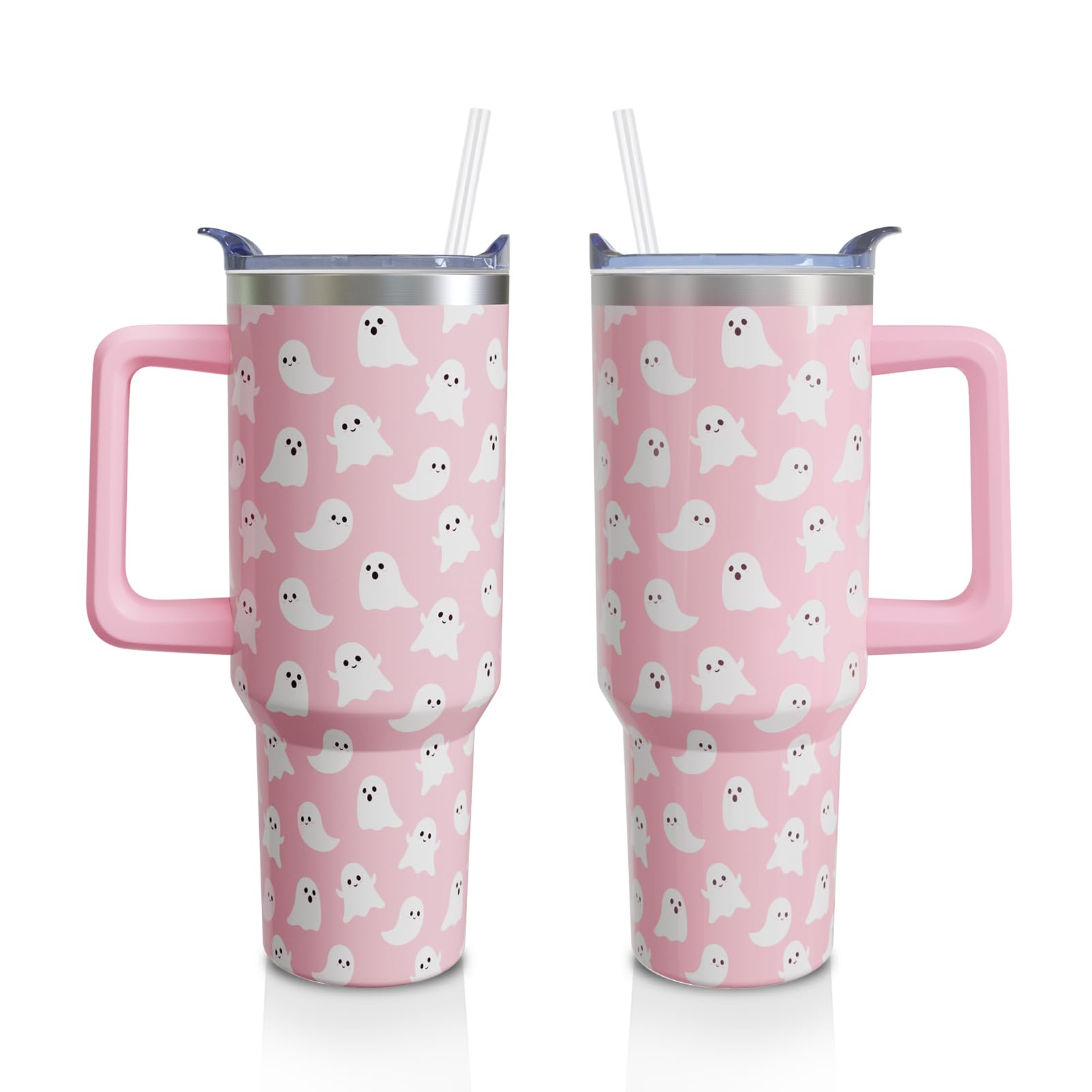 Aokoyi Halloween Ghosts 40 Oz Tumbler with Handle and Straw, Cute Spooky Stainless Steel Insulated Cup Water Bottle, Holiday Gif