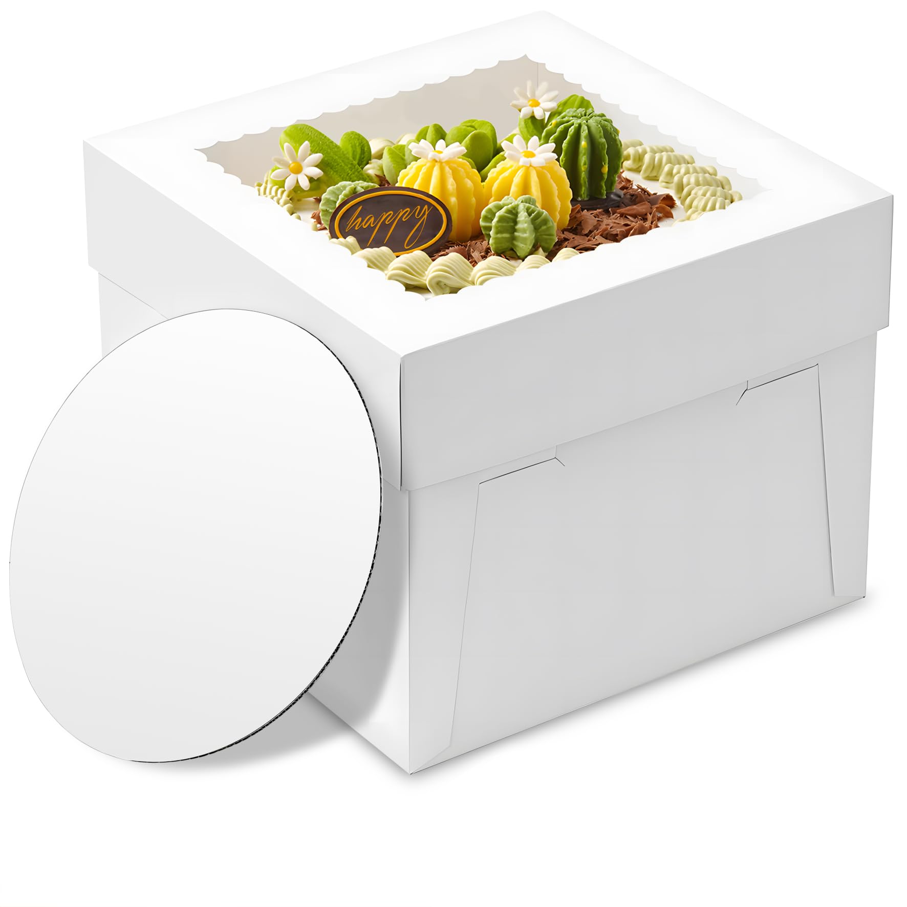 BXIHUR 15pcs Cake Boxes, 10x10x8 Inch Cake Box With Viewing Window and Cake Board and Stickers, Tall Cake Box, Suitable for Birt