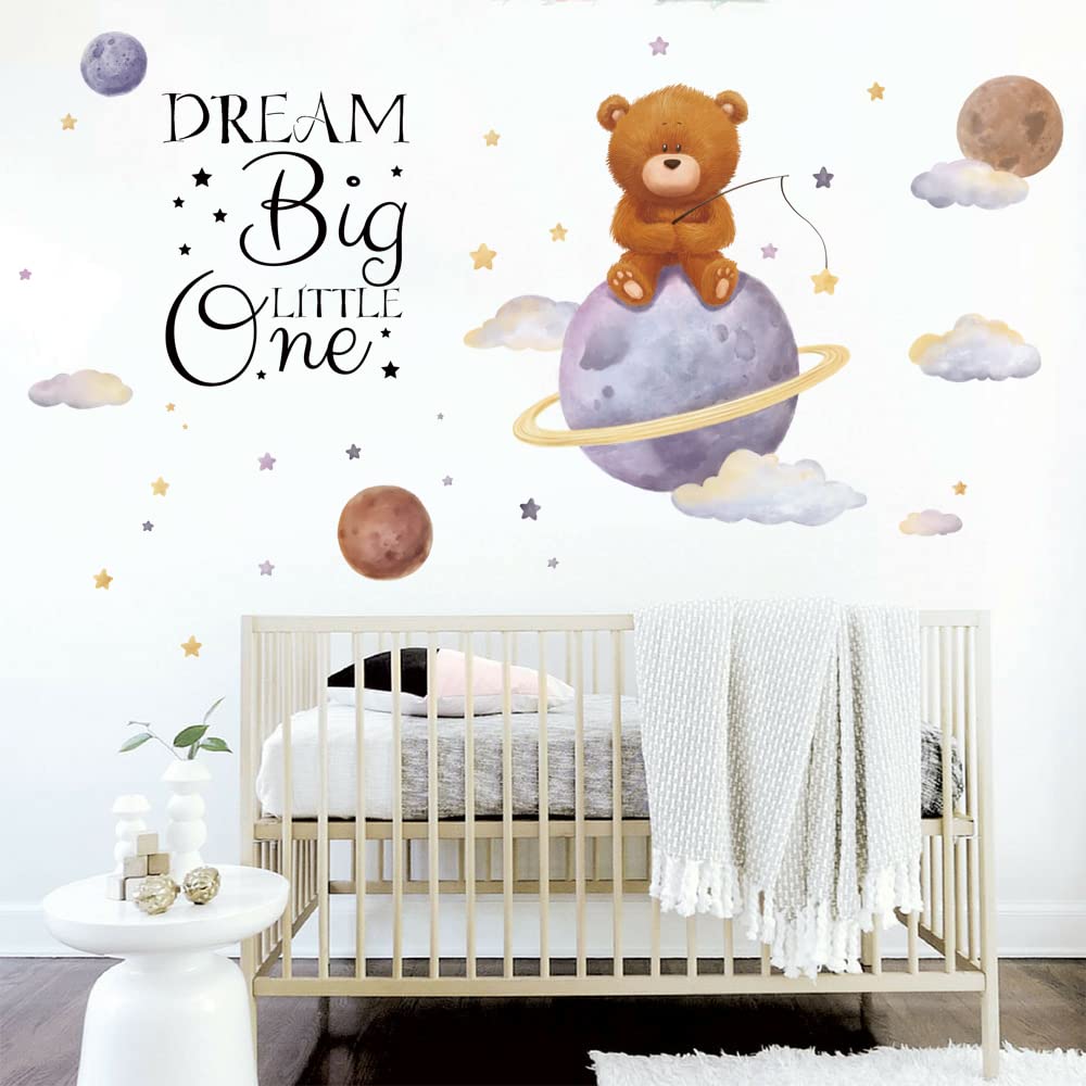 Runtoo Dream Big Little One Wall Art Sticker Inspirational Quotes Bear Space Wall Decals for Nursery Girls Bedroom Kids Home Decor