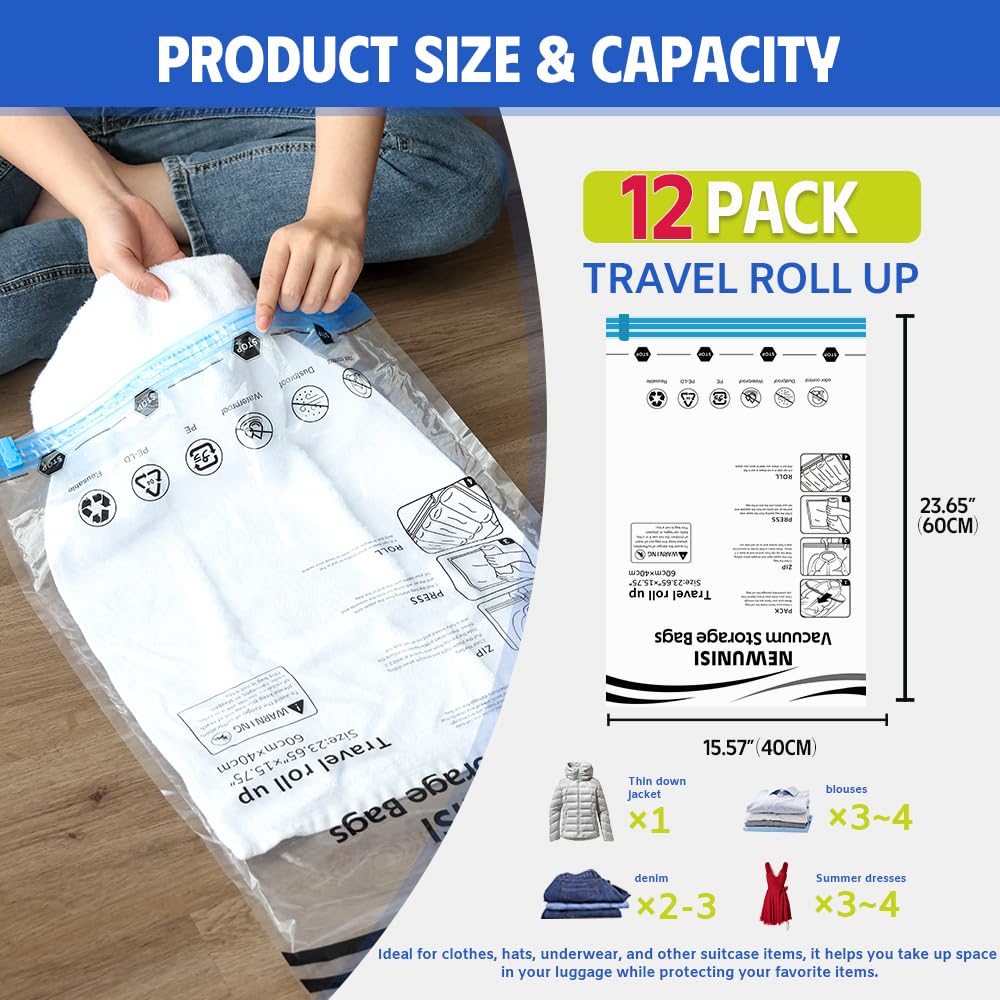 12 Pack Travel Compression Bags, Travel Roll Up Reusable Travel Space Saver Vacuum Storage Bags For Luggage, Camping, And Storag