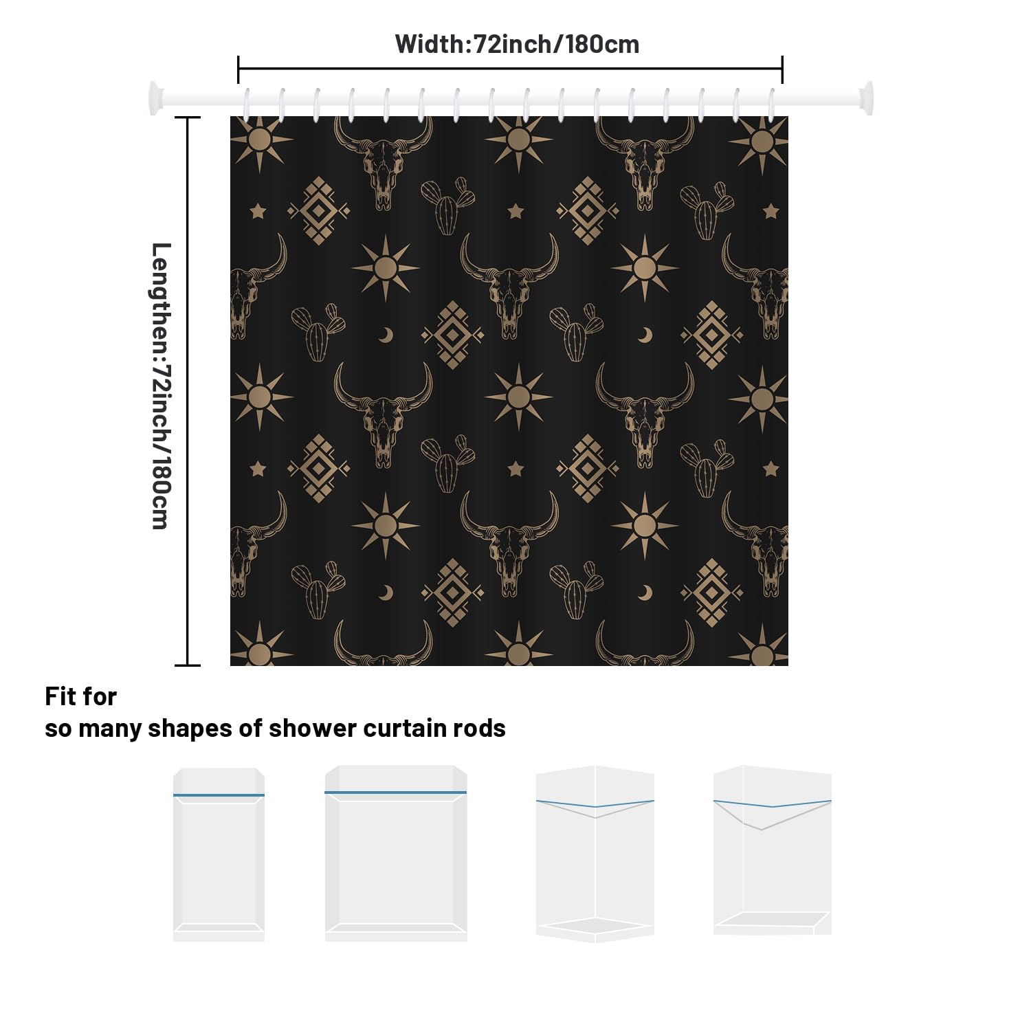 Western Bull Skull Shower Curtain Boho Cow Longhorn Skull Head Cactus Bohemian Black And Gold Shower Curtain With Hooks 72X72 In