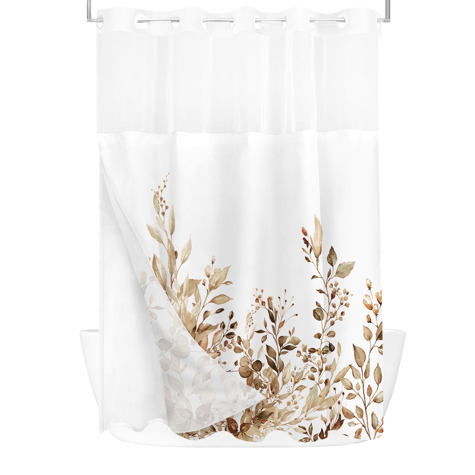 Tititex No Hooks Snap In Liner Tan Eucalyptus Leaves Shower Curtain Sets, Hotel Luxury Double Layers Waterproof Fabric & See-Thr