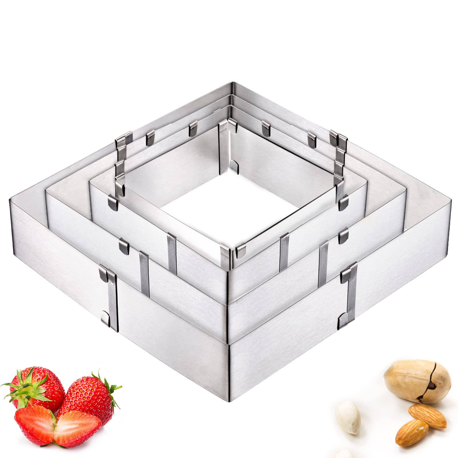 Youeon 4 Pack Square Cake Molds Ring Adjustable From 6'' To 11'', Stainless Steel Mousse Cake Ring, Baking Molds, Pastry Making