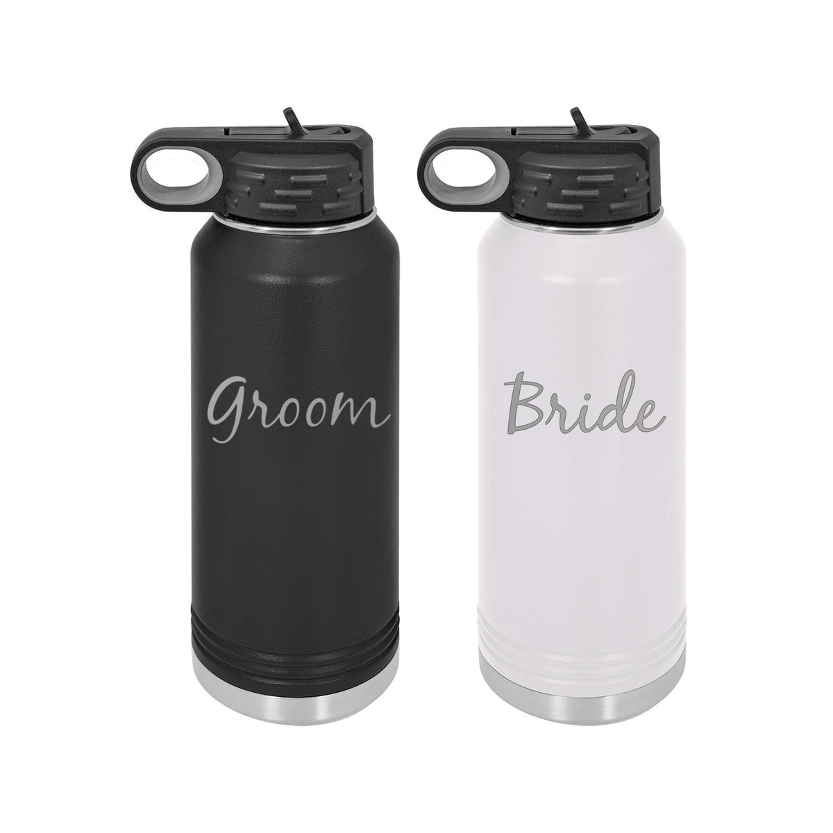Groom And Bride - 32-Ounce Engraved Double Wall Insulated Stainless Steel Sports Matching Water Bottles With Flip Top Lid, Straw