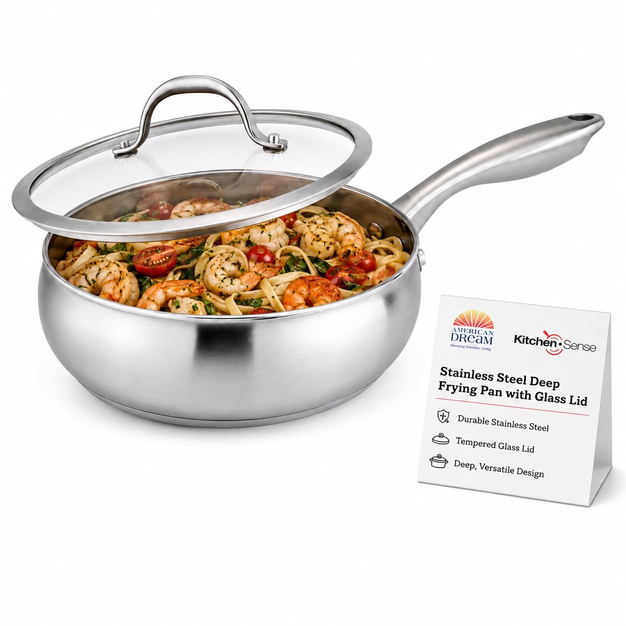 American Dream 9.5 Stainless Steel Fry Pan with Glass Lid  Durable NonStick Frying Pan, Even Heat Cooking Skillet for Gas & I