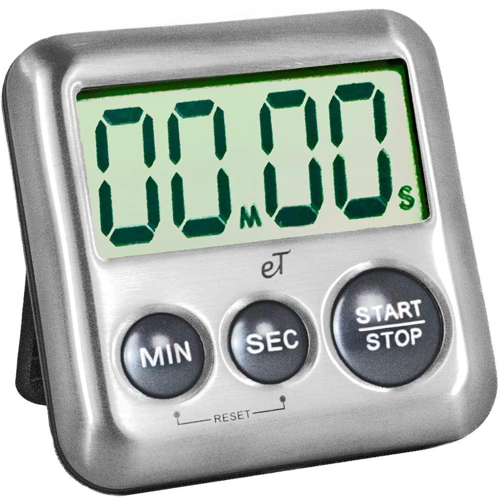 Elegant Digital Kitchen Timer Stainless Steel - Charcoal -Strong Magnetic Back - Kickstand - Loud Alarm - Large Display - Auto M