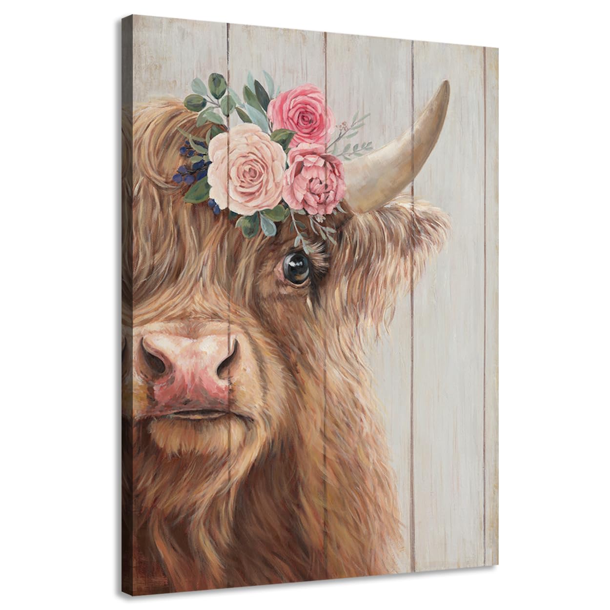 Yelash Highland Cow Canvas Wall Art Farmhouse Animal Picture Wall Decor, Funny Cow Flower Painting Poster Mural For Bedroom 10 X