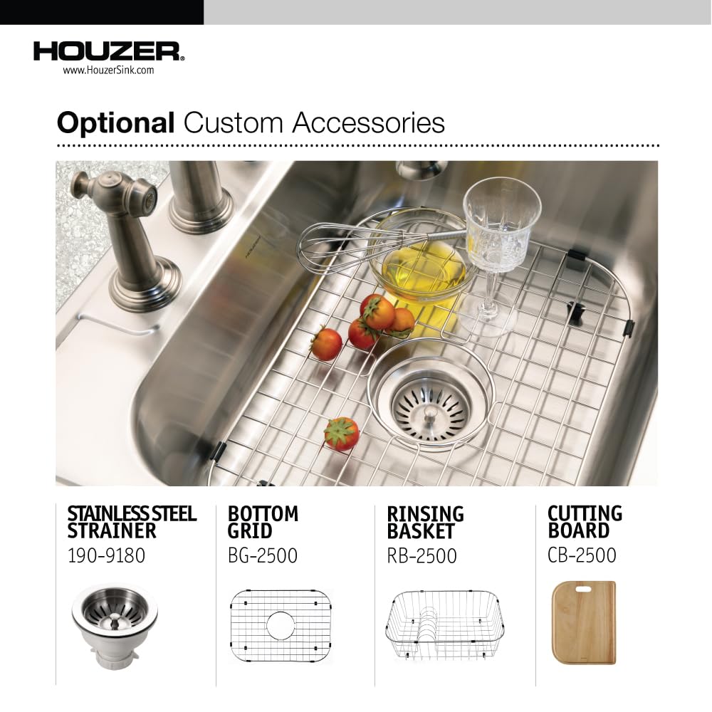 Houzer Stainless Steel 2522-8Bs3-1 Glowtone Series Kitchen Sink - 25'' Topmount Drop In Multipurpose Sink, Single Bowl Basin, 3