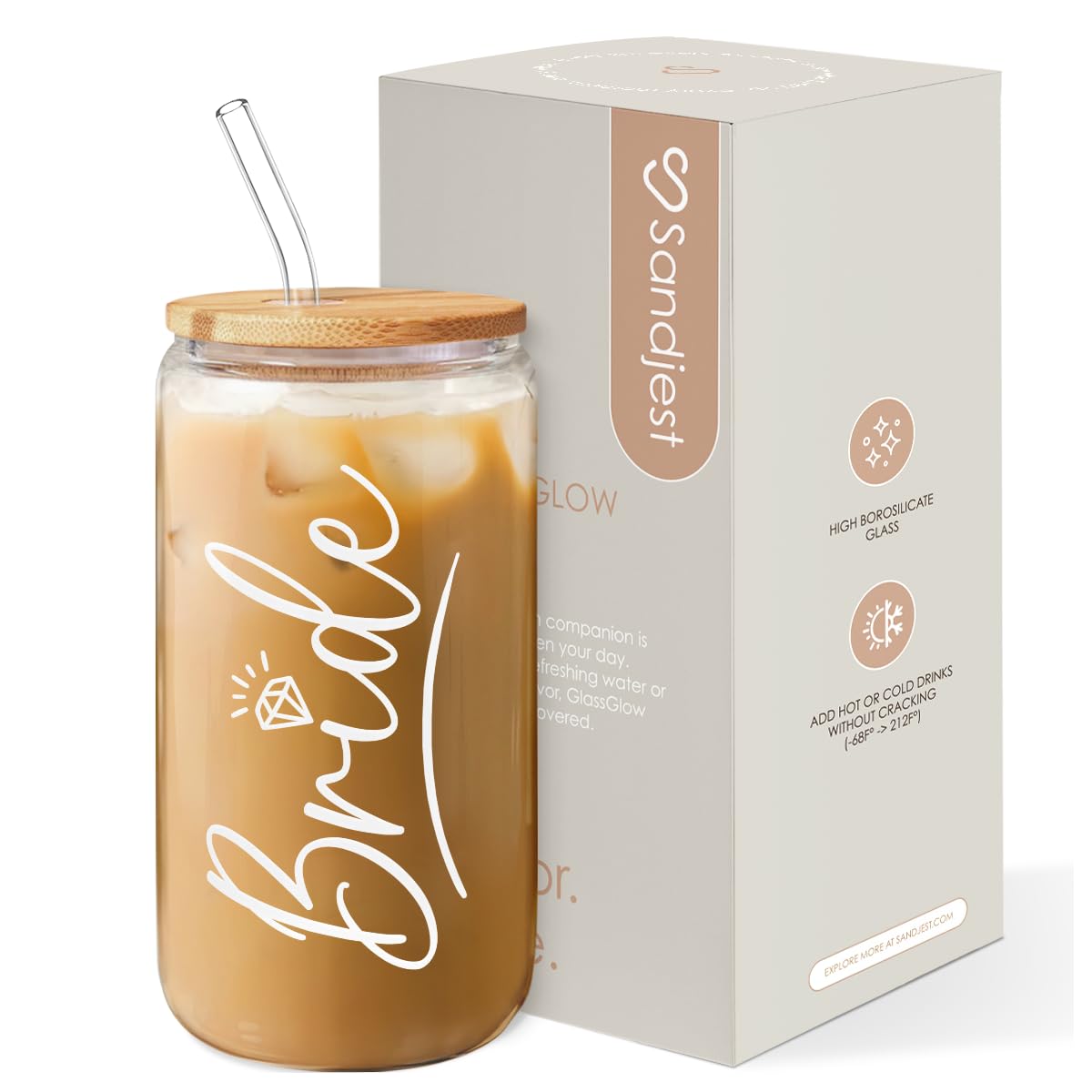 SANDJEST Bride Glass Coffee Cup 16 Oz with Bamboo Lid and Straw - Bridal Shower Gift - Engagement Gifts for Women - Bride Gifts