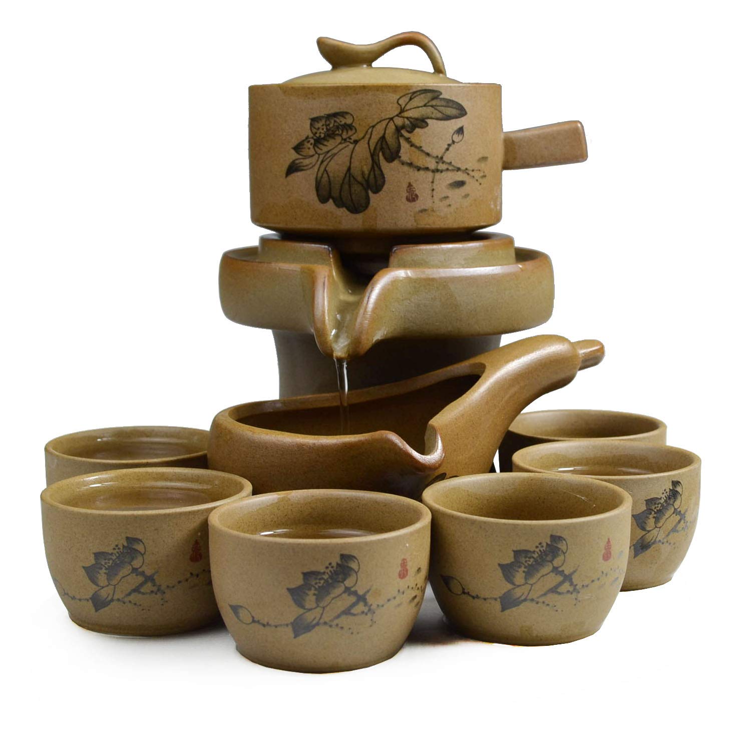 Chinese Gongfu Tea Gift Set, Service Automatic Stone-Mill Design Handmade Ceramics Tea Pot 6 Cups Japanese Kung Fu Tea for Adult