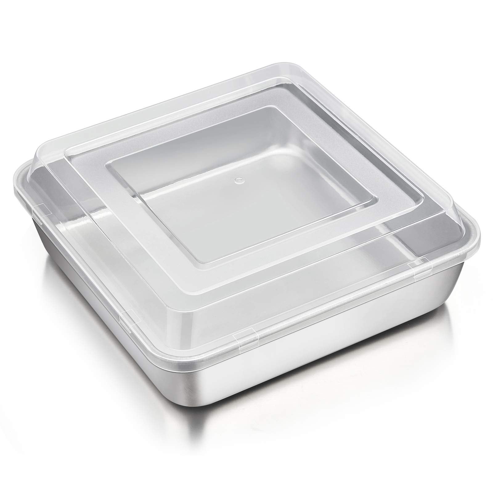 P&P Chef 8 Inch Square Baking Cake Pan With Lid, Stainless Steel Lasagna Brownie Pan And Plastic Cover For Picnic Wedding Birthd