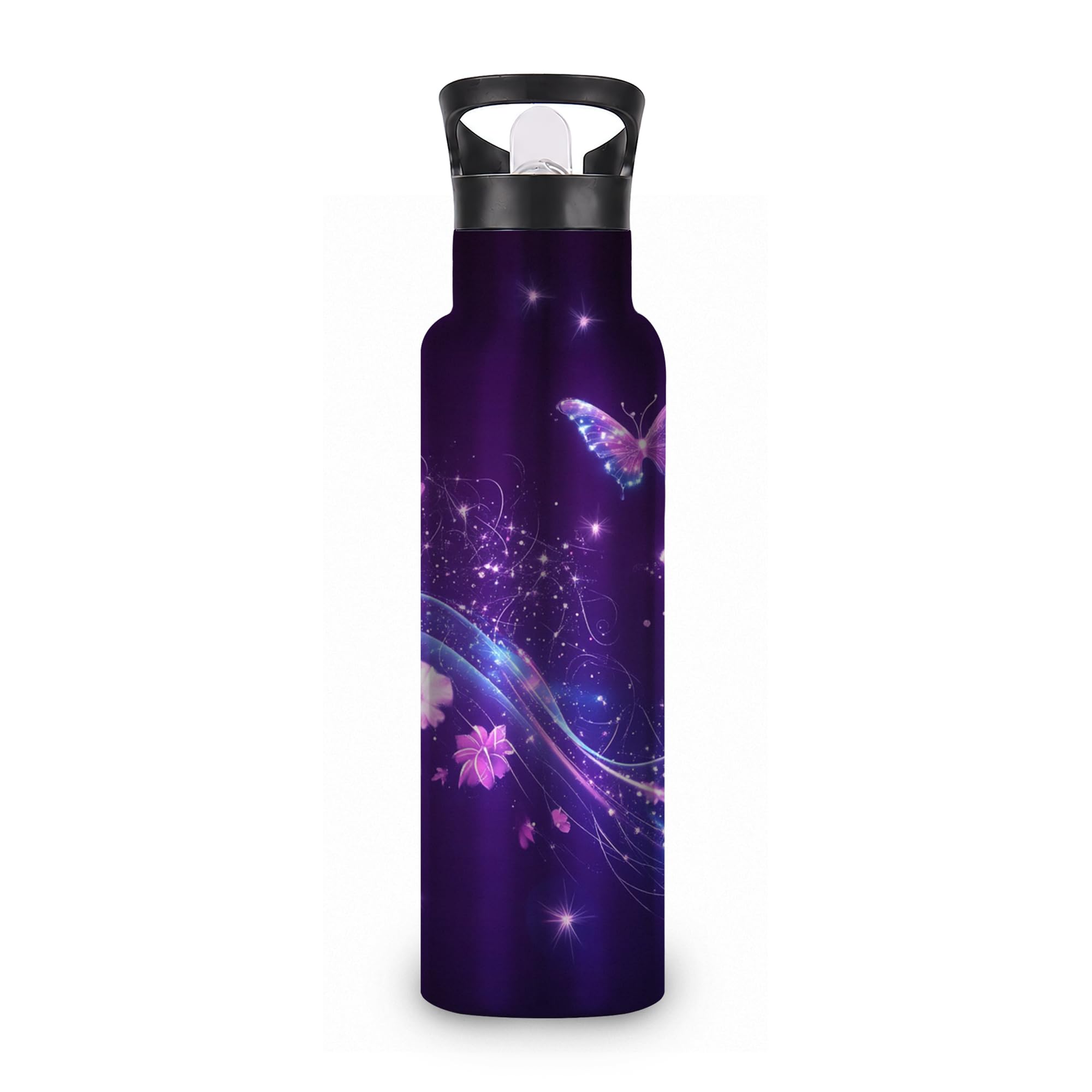 ICRICR Insulated Water Bottle,Flying Butterflies 20 oz Stainless Steel Water Bottles with Straw Lid,Purple Leak Resistant Double