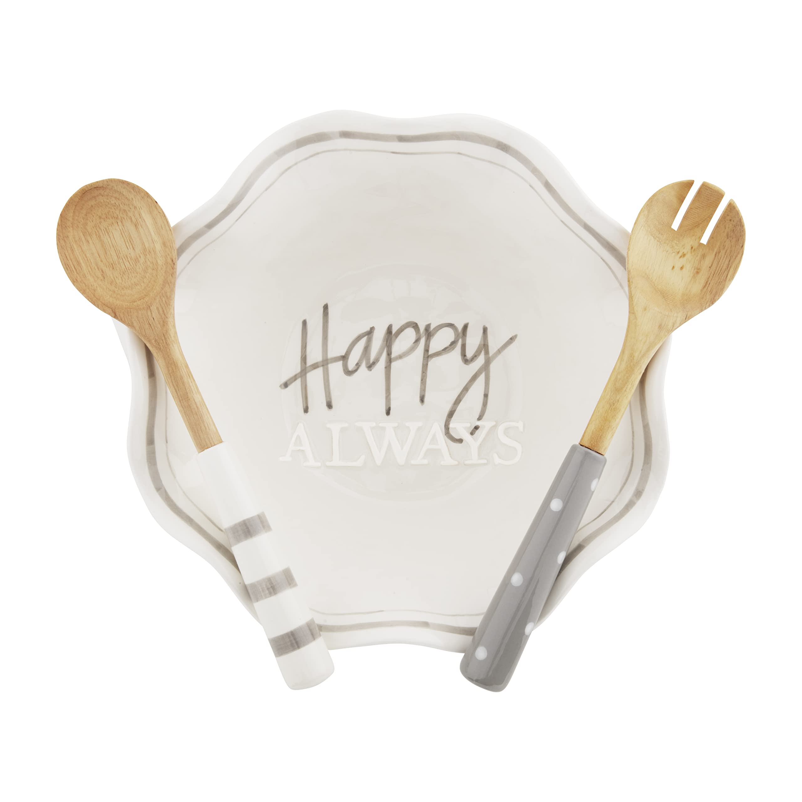 Mud Pie Happy Always Serving, White, 4.5'' X 12'', Utensils 11 1/2'' | Bowl 4 1/2'' X 12'' Dia
