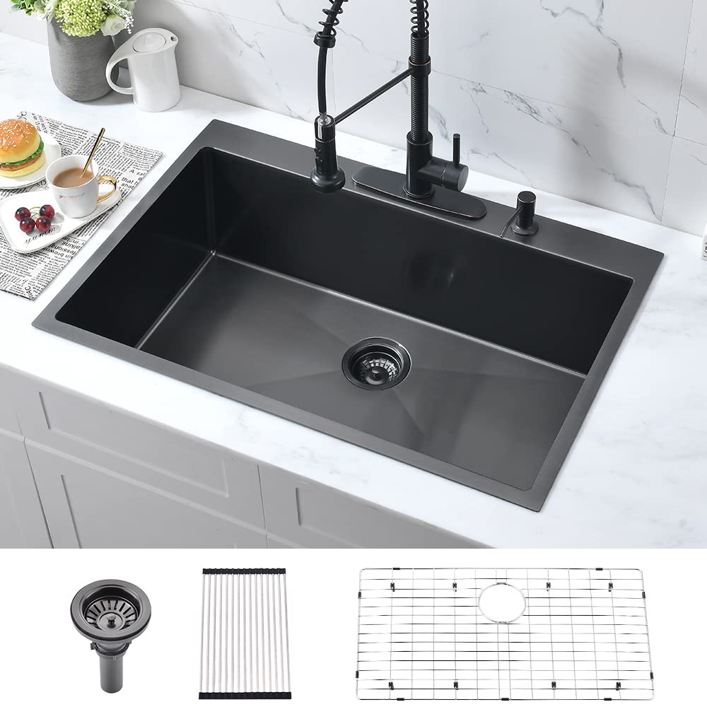33 Inch Black Kitchen Sink Drop In-Bokaiya 33X22 Black Stainless Steel Drop In Kitchen Sink Topmount 16 Gauge Deep Matte Black S