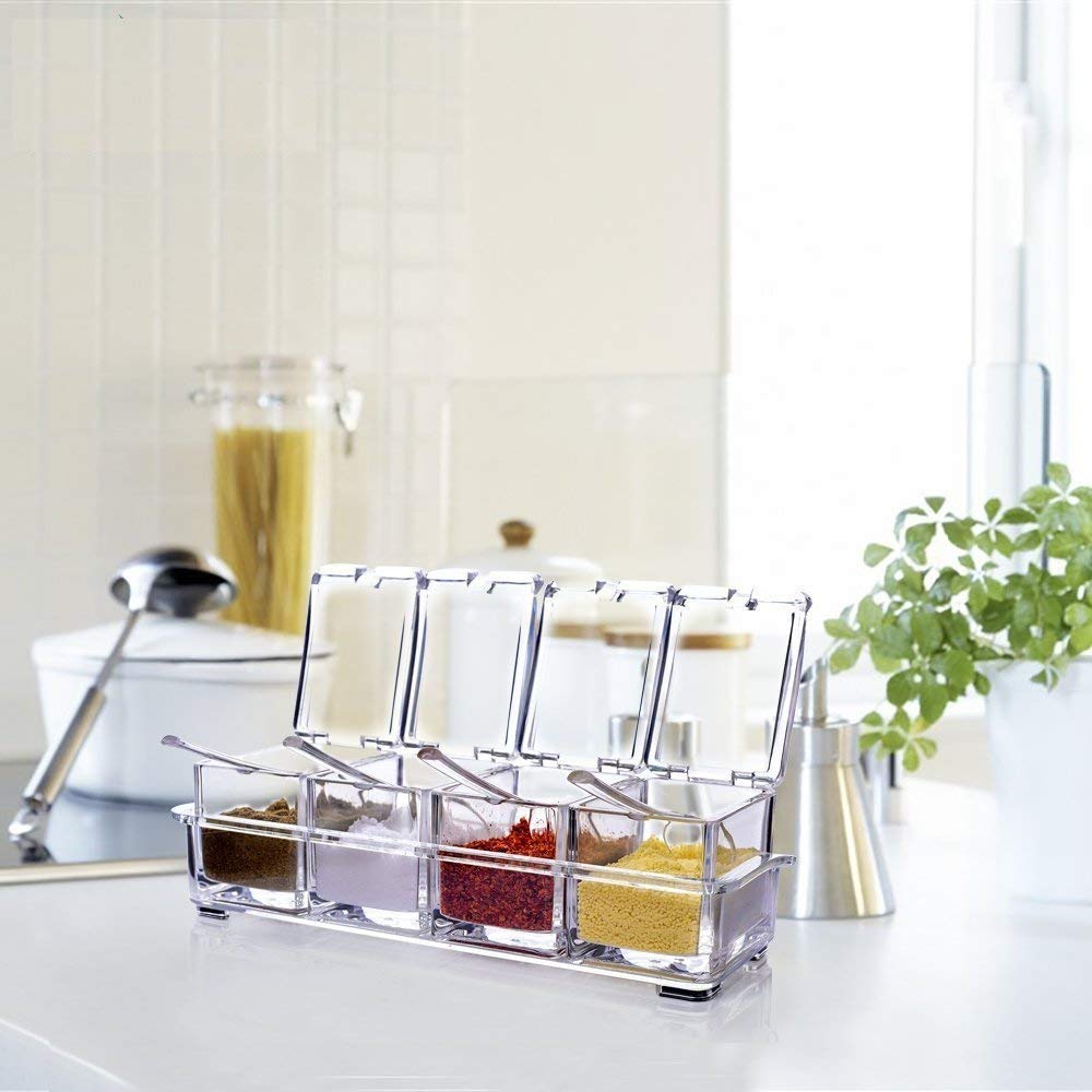Ajb Crystal Seasoning Acrylic Box Pepper Salt Spice Rack Plastic 4 Box With Spoons Kitchen See Through Storage Containers Cookin