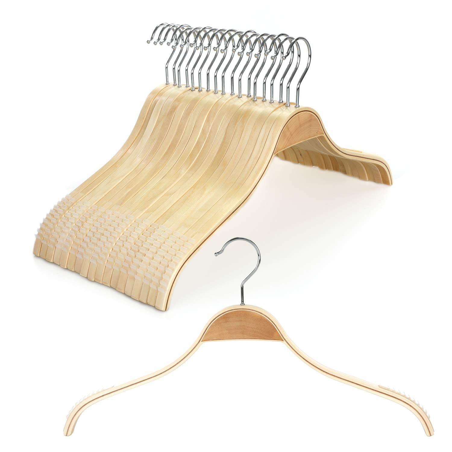 Topia Hanger Slim Natural Wood Hangers With Extra Soft Non-Slip Rubber Grips, 18-Pack High-Grade Fashion Hanger No Shoulder Bump