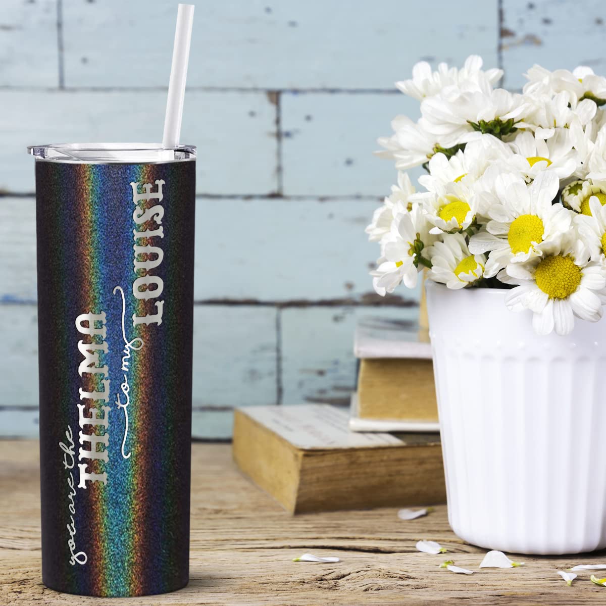 Cuptify You Are The Thelma To My Louise Skinny Tumbler With Lid And Straw Laser Engraved On Black Glitter 20 Oz Vacuum Insulated