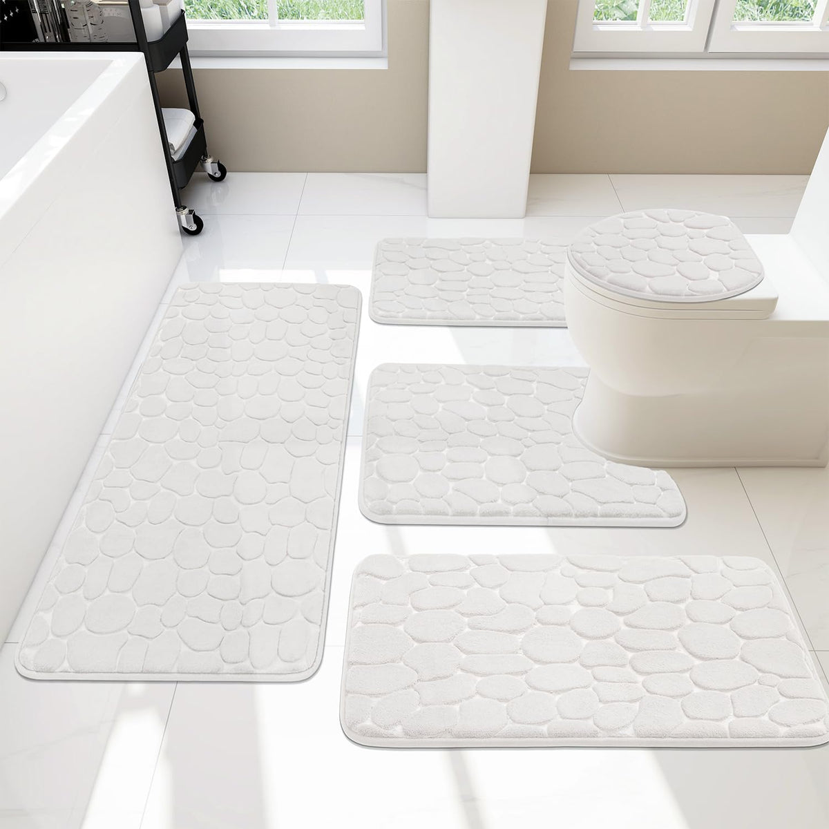 Yihouse Bathroom Rugs Sets 5 Piece, Cobblestone Memory Foam Bathroom Mats Set Extra Thick, Non Slip Bath Mats For Bathroom, Wate