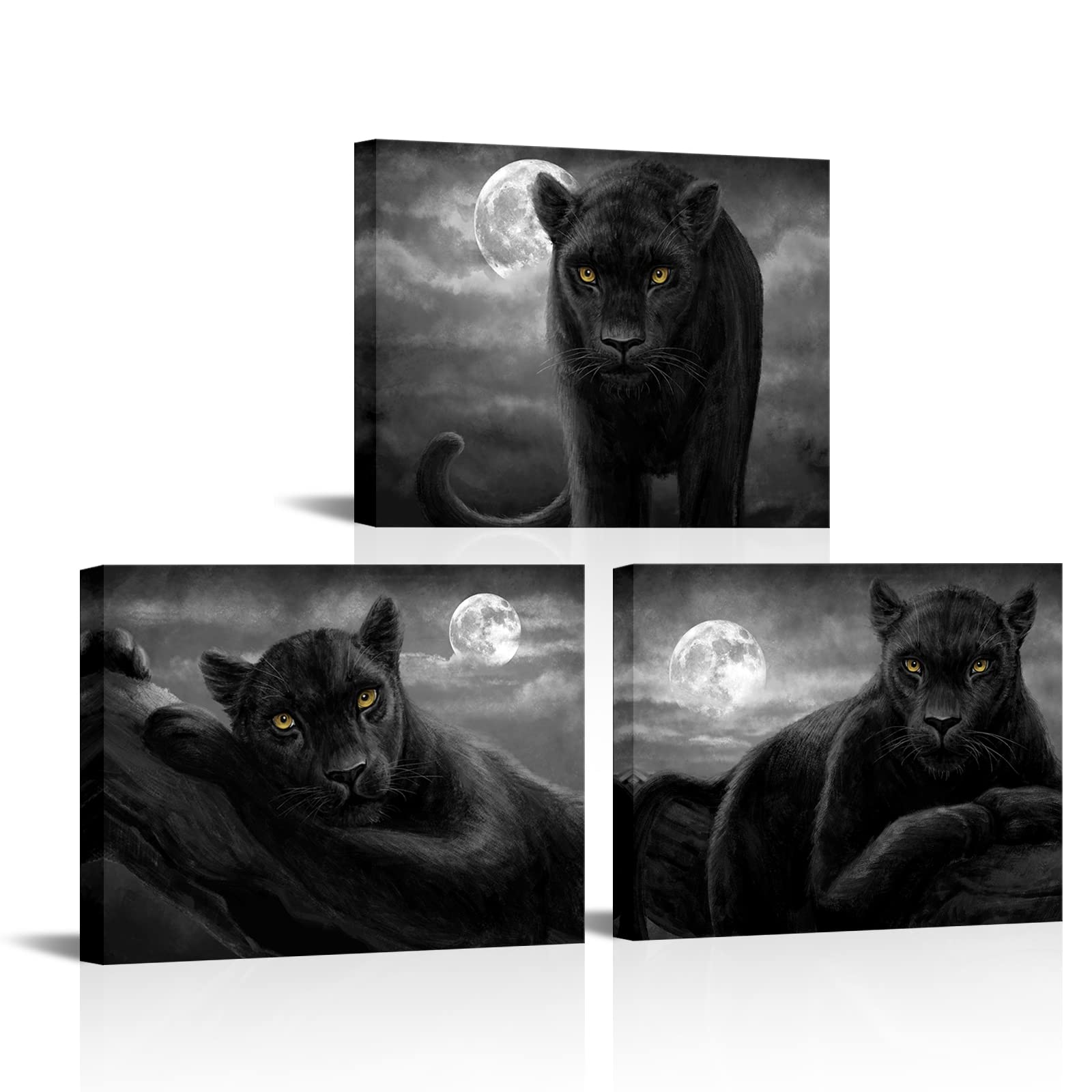 Sechars Panther Canvas Wall Art Black And White Animal And Full Moon Painting Picture Print Wildlife Leopard Artwork For Living