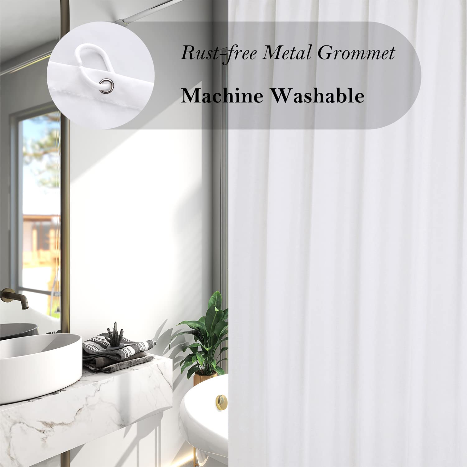 Aoohome Extra Long Shower Curtain Liner, Fabric Shower Curtain With Hooks For Hotel, Waterproof, 72 Width X 84 Height Inch, Whit