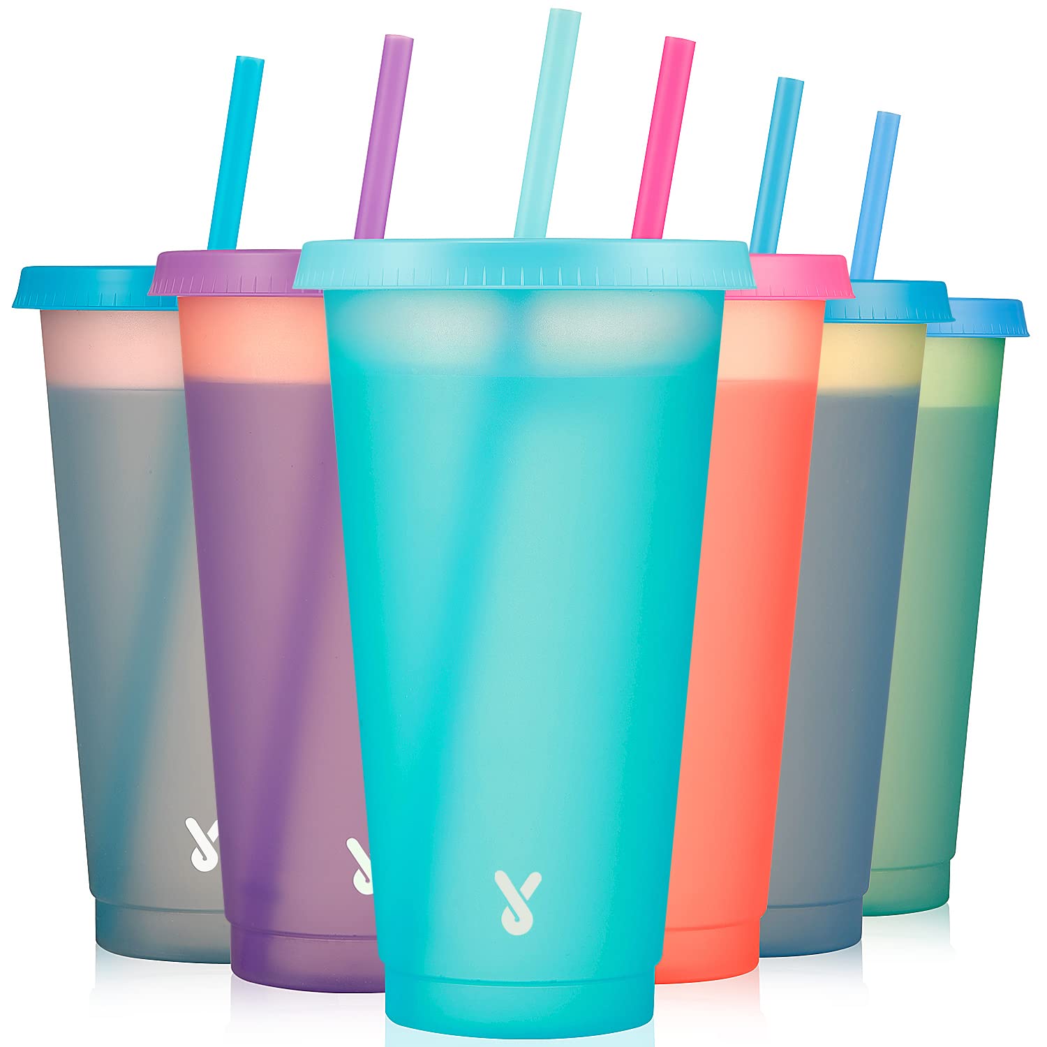 Meoky Plastic Cute Cold Cups With Lids And Straws Bulk For Iced Coffee - 6 Pack 24 Oz Color Changing Reusable For Adults Kid Wom