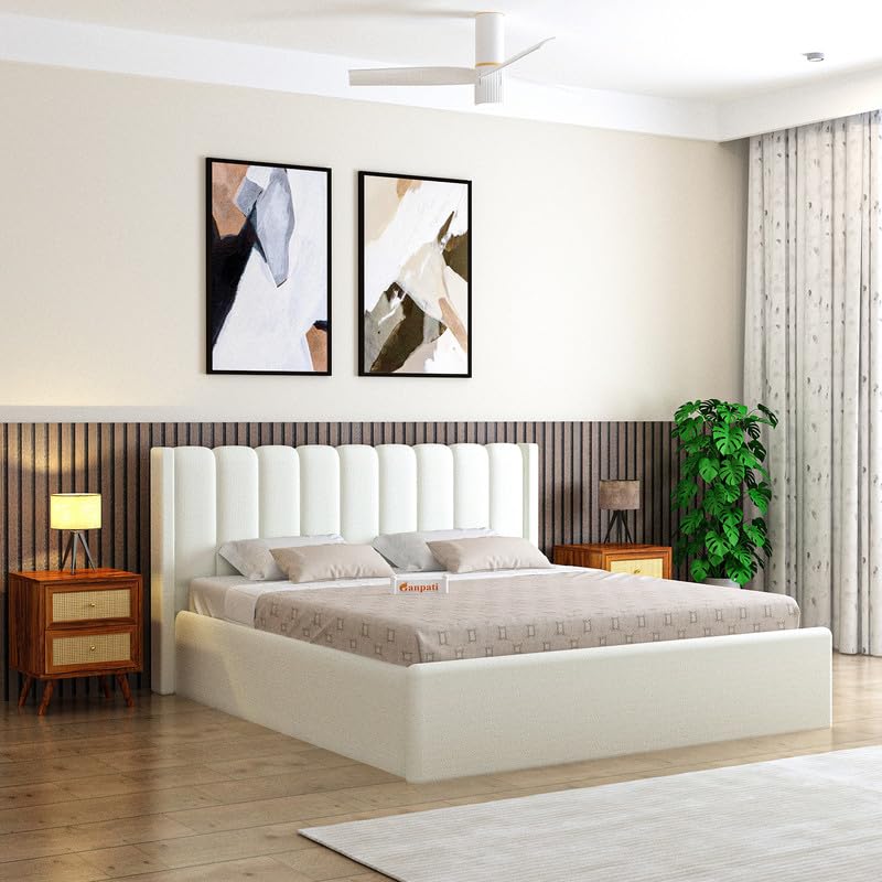 Ganpati Arts Solid Sheesham Wood Emperor Upholstered Queen Size Bed With Box Storage | Durable Wooden Double Bed Cot Palang With