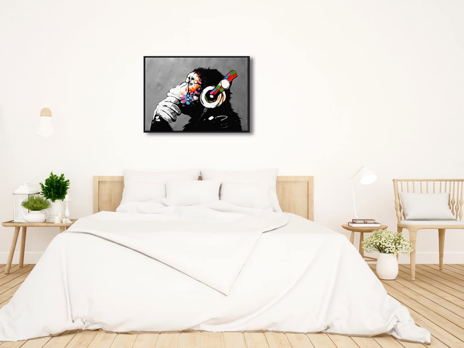 Wieco Art Black Framed Monkey With Headphones Banksy Graffiti Art Abstract Canvas Painting Posters And Prints Animal Canvas Wall
