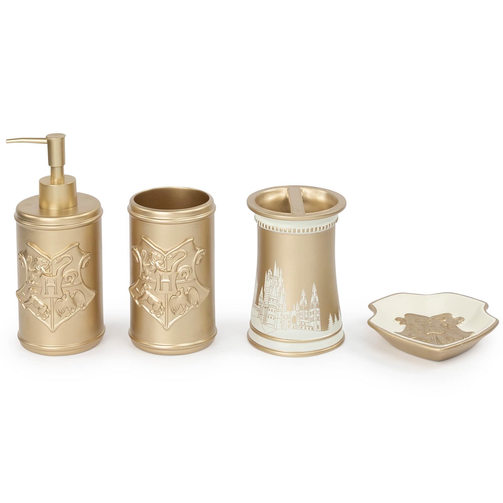 Harry Potter Bathroom Organizer Set - 4 Piece White And Gold Hogwarts Crest Accessories Includes Resin Soap Dispenser, Soap Dish