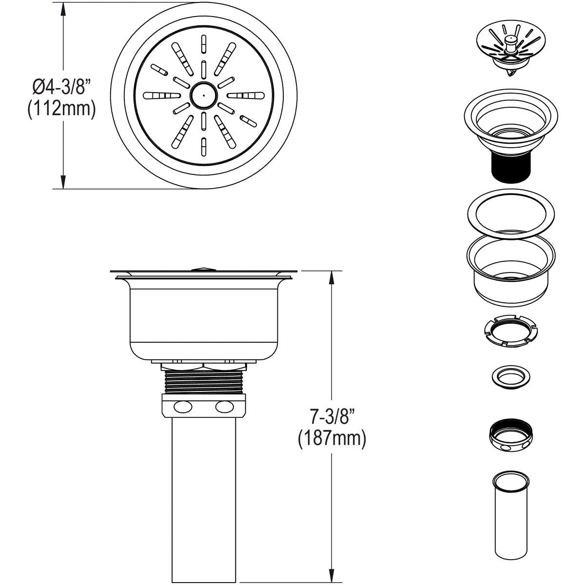 Elkay 3-1/2'' Drain Fitting Type 316 Stainless Steel Body  Strainer Basket with rubber seal and Tailpiece
