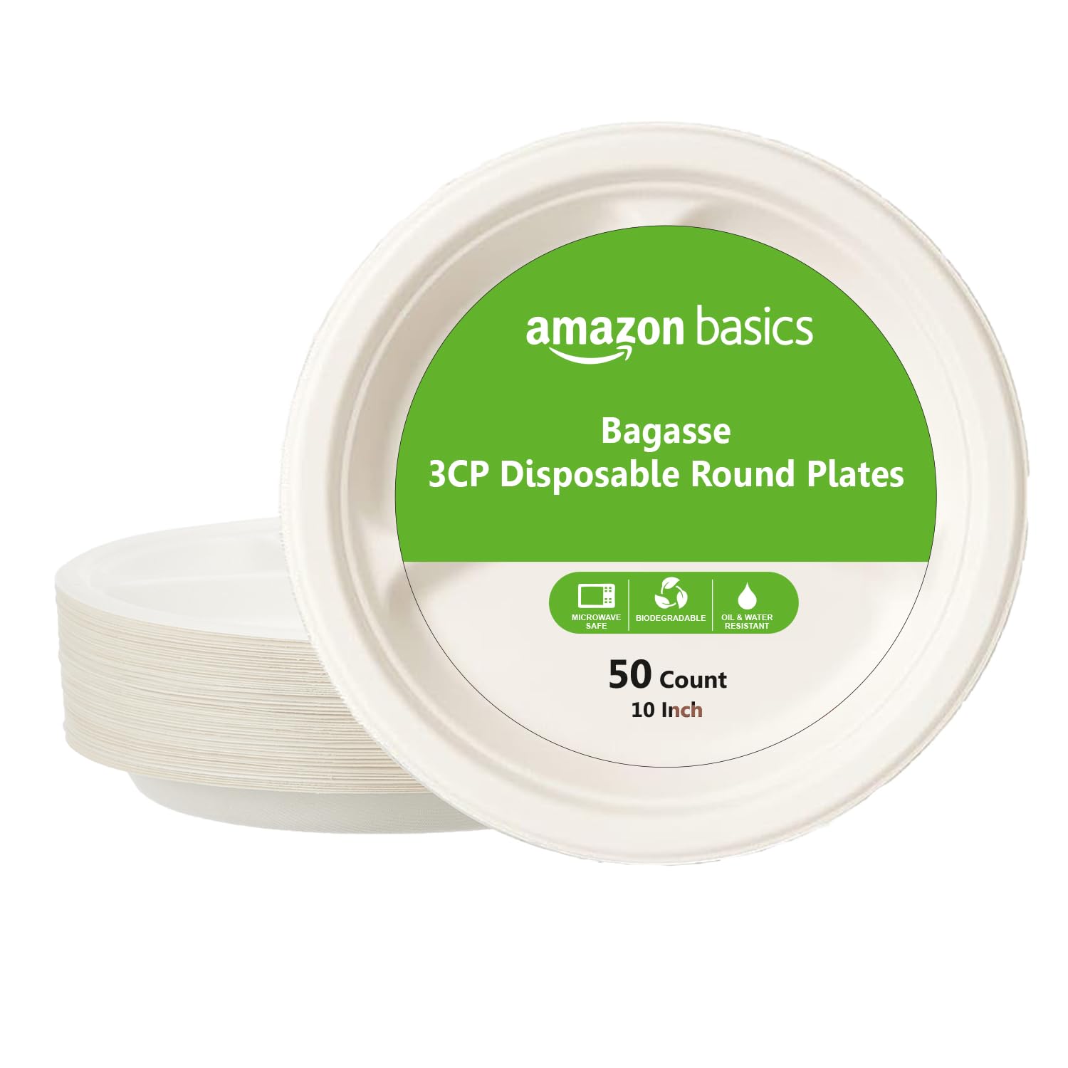 Amazon Basics 3Compartment Bagasse Disposable Round Plates | 10 Inch  Pack Of 50 | Biodegradable | LeakResistant | Hot & Cold